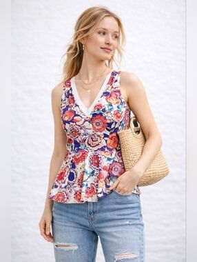 Anthropologie Deletta Floral Peplum Top S Sleeveless Fitted Waist Feminine Blous